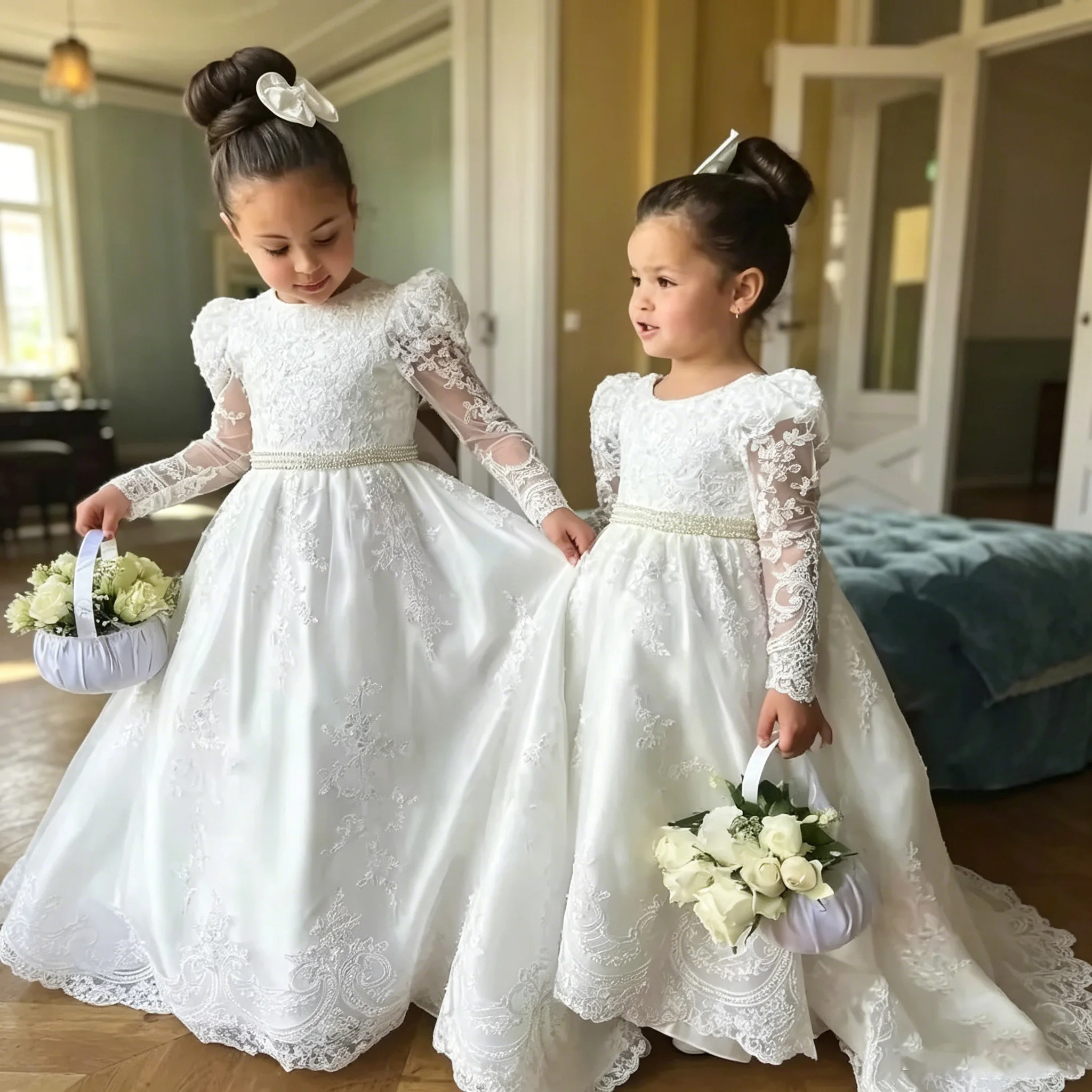 2026 New Chic Shawl Mesh Flower Girl Dress Elegant Three-dimensional Floral Beaded Deep V Tutu Skirt Girls Performance Party