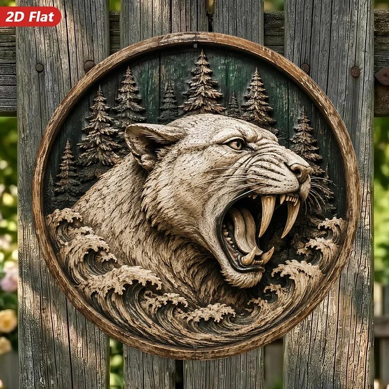 CIFBUY Rustic Wild Bobcat Forest Aluminum Wall Art Waterproof Wear Resistant Round for Garden Bedroom Indoor Outdoor Home Decor