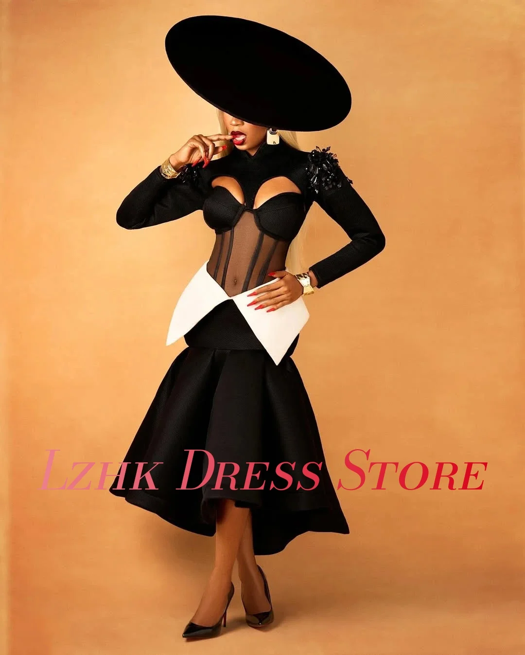 Maßgeschneidertes, exquisites Jersey-Meerjungfrau-Applikationen-Pailletten-Abendkleid, modisch, lange Ärmel, hoher Kragen, knöchellange Ballkleider