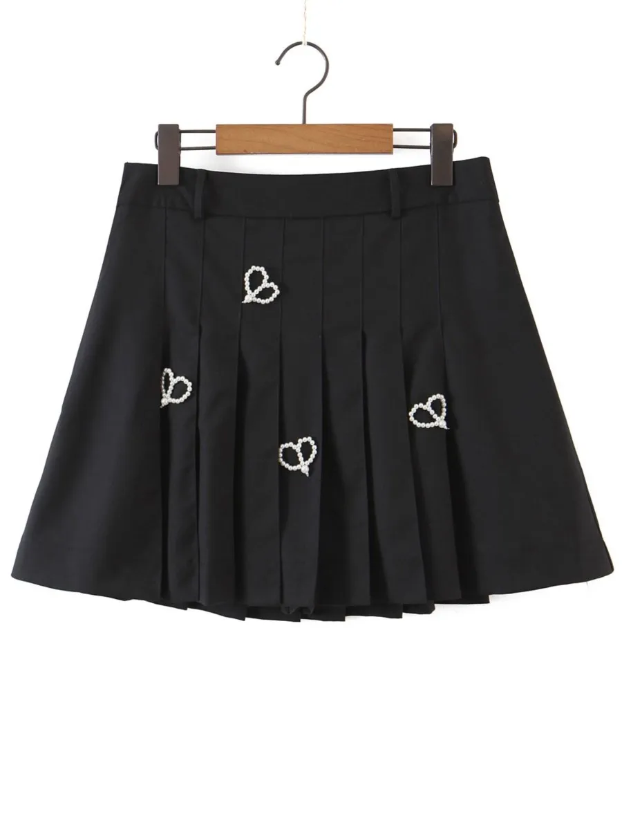 

Good Quality Plus Size Pleated Skirt Women 2023 Summer Empire Pearl Love Heart Decoration Bottoms Oversized Curve Clothes