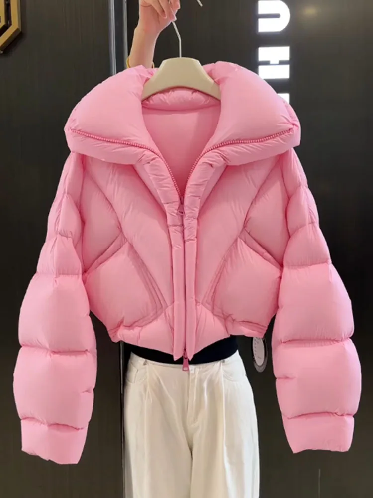 Coreano sle ort rosa para baixo jaet feminino inverno thiened pão casaco gola senhoras faion ci casual longo sve