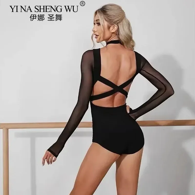 Body da ballo latino da donna Body da ballo incrociato senza schienale congiunto in rete nera Body da allenamento per danza latina sexy