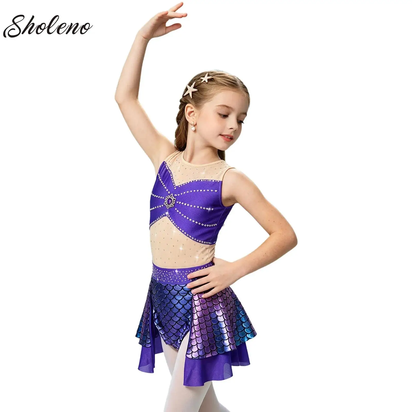 Kids Girls Mermaid Princess Gymnastics Figure Skating Ballet Lyrical Dance Performance Costume Mesh Skirted Leotard Dresses