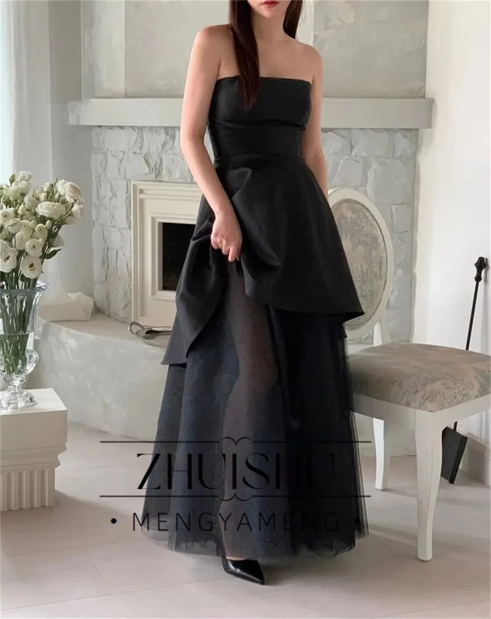 Off Shoulder Tulle Shawl Evening Party Dresses Black Korea Satin Tiered Simple Elegant Women Formal Gowns Event Prom Customized