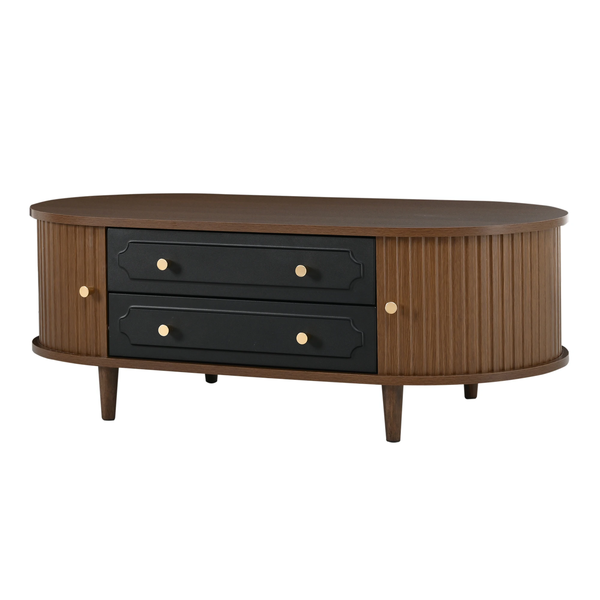 Salontafel walnoot 100x50x36cm, 4 poten, 2 laden + roldeur, Zwart, salon-/bijzettafel - afbeelding 2