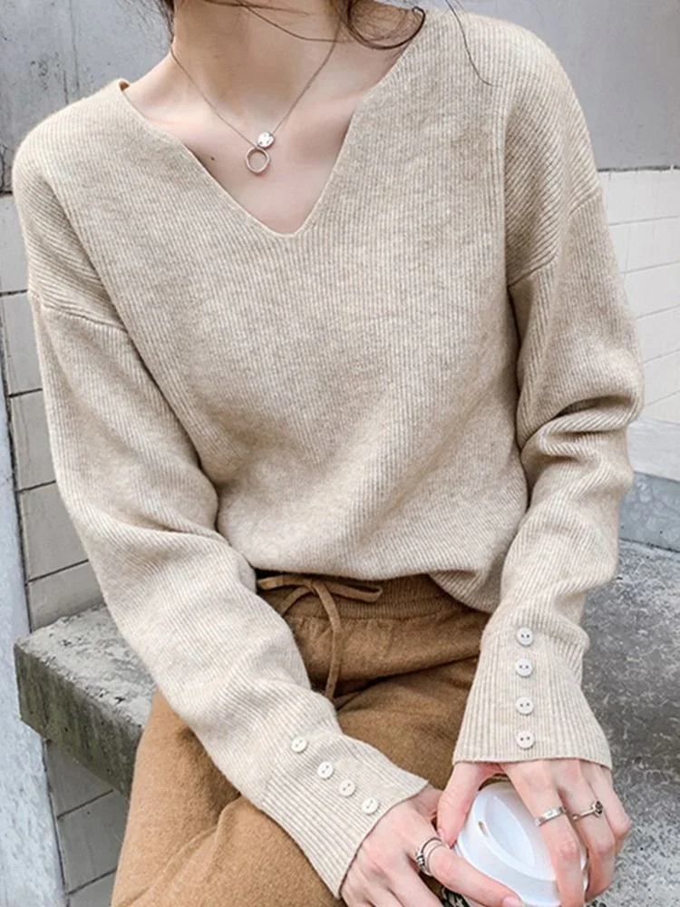 Women Sweater Autumn Winter Knitted Tops Pullovers V-neck Casual Solid Soft Knitwear Jumpers Basic Female Sweaters Korea