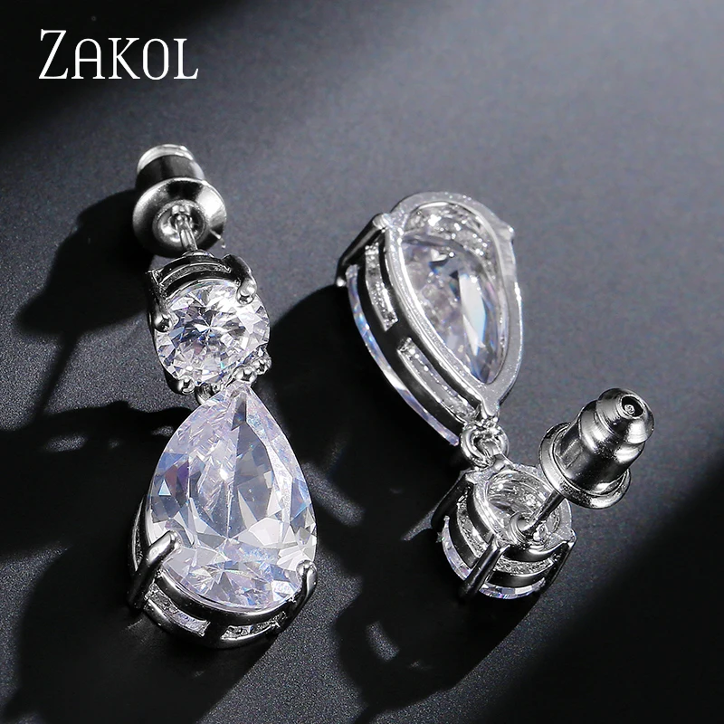 ZAKOL Delicate Water Drop Crystal Jewelry Set Fashion White Color for Women Anniversary SP272