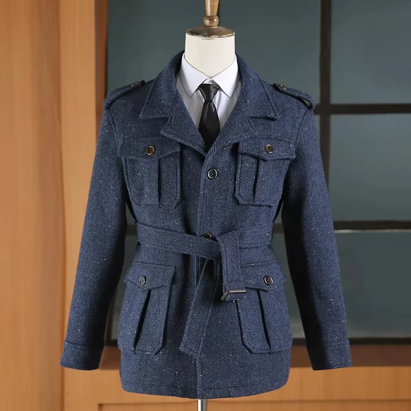 Only Jacket 1 PCS Hunting Men's Multi-pocket Jacket British Retro Sport Coat Belt Herringbone Business Causal Lapel Suit Tuxedos
