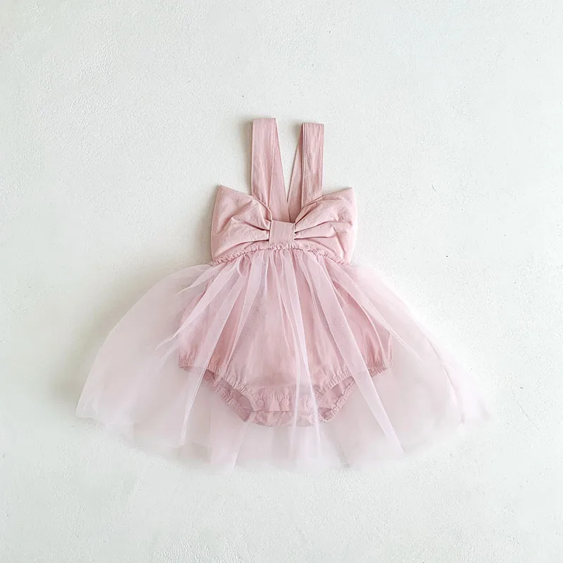 2024 New Summer Baby Tutu Dress Big Bow Birthday Clothes for Newborn Toddler Suspenders Gauze Bodysuit for Girls