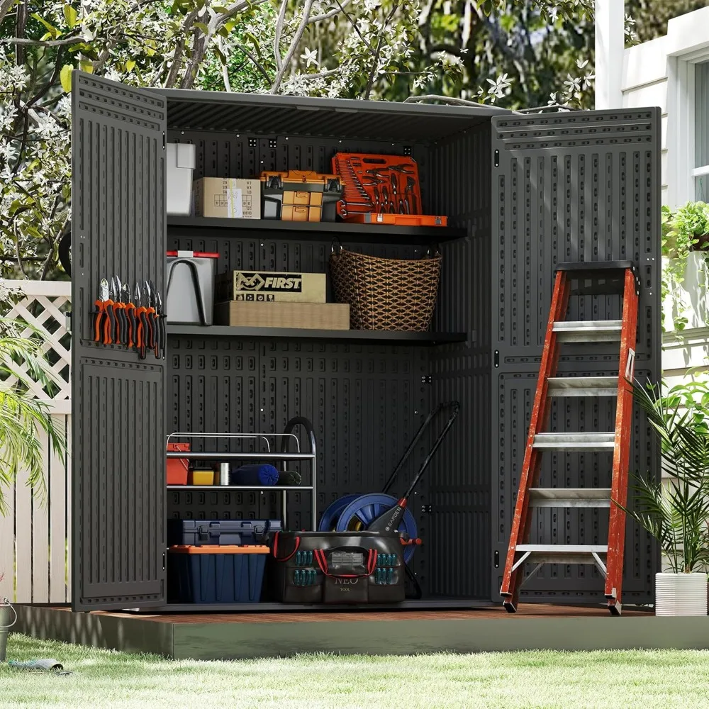 

Vertical Resin Storage Shed with Two Shelves, 60 Cubic Feet Garden Tool Shed, Outdoor Storage Cabinets