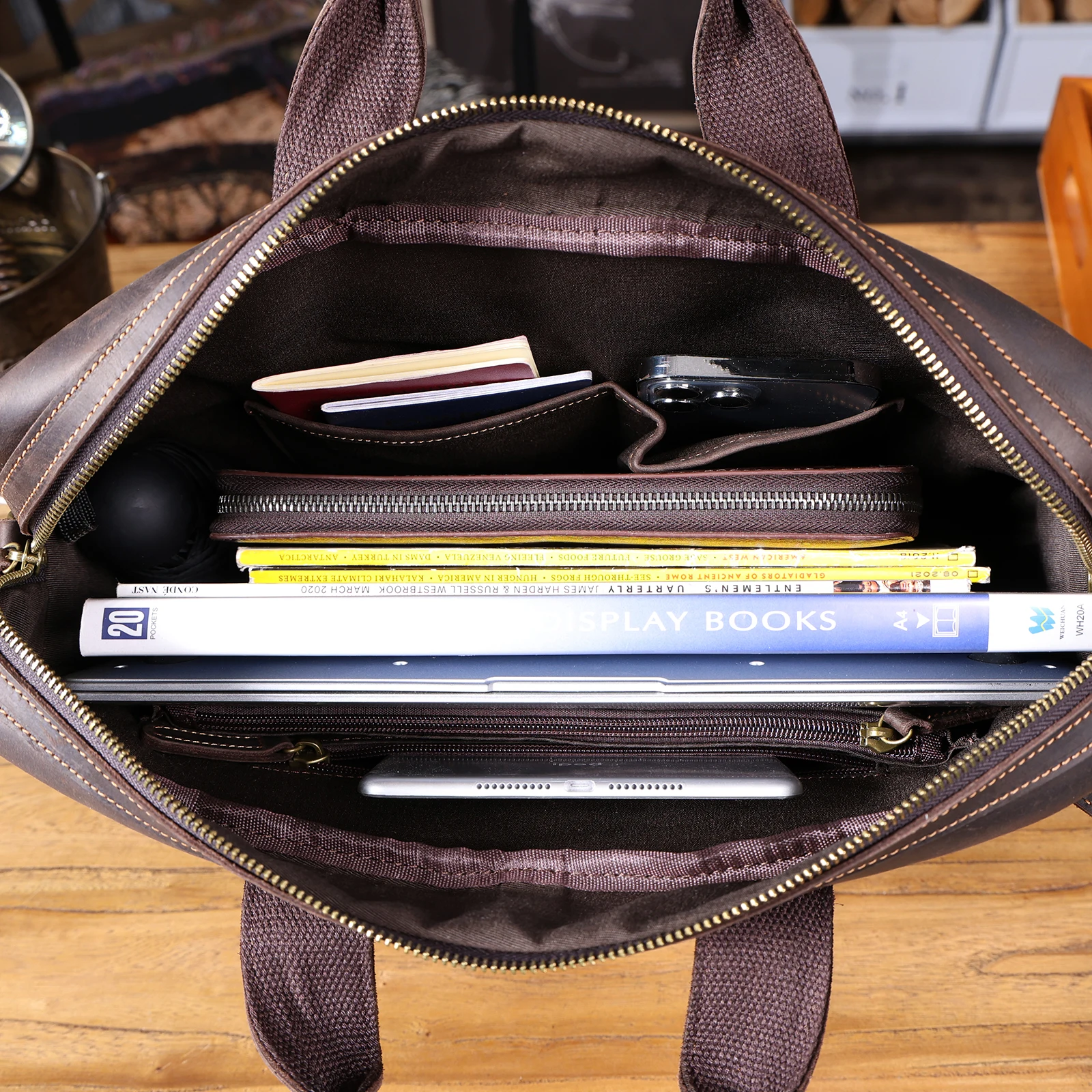 Vintage Echtleder Herren-Aktentasche 14" Laptop-Tasche Crazy Horse Leder Messenger-Handtasche Rindsleder Geschenkidee für Männer – Detail 21
