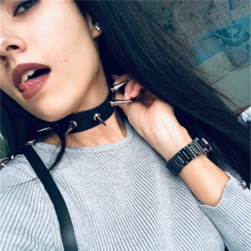 Punk Long Spike Choker Faux Leather Collar For Women Men Cool Big Rivets Studded Chocker Goth Style Necklace Accessories