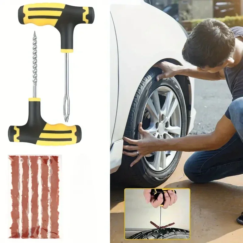 Car Tire Puncture Plugs Vacuum Tire Pass Emergency Repair Tools Glue Strips Glue Quick Repair Tire Repair Kit Patch Tool Set