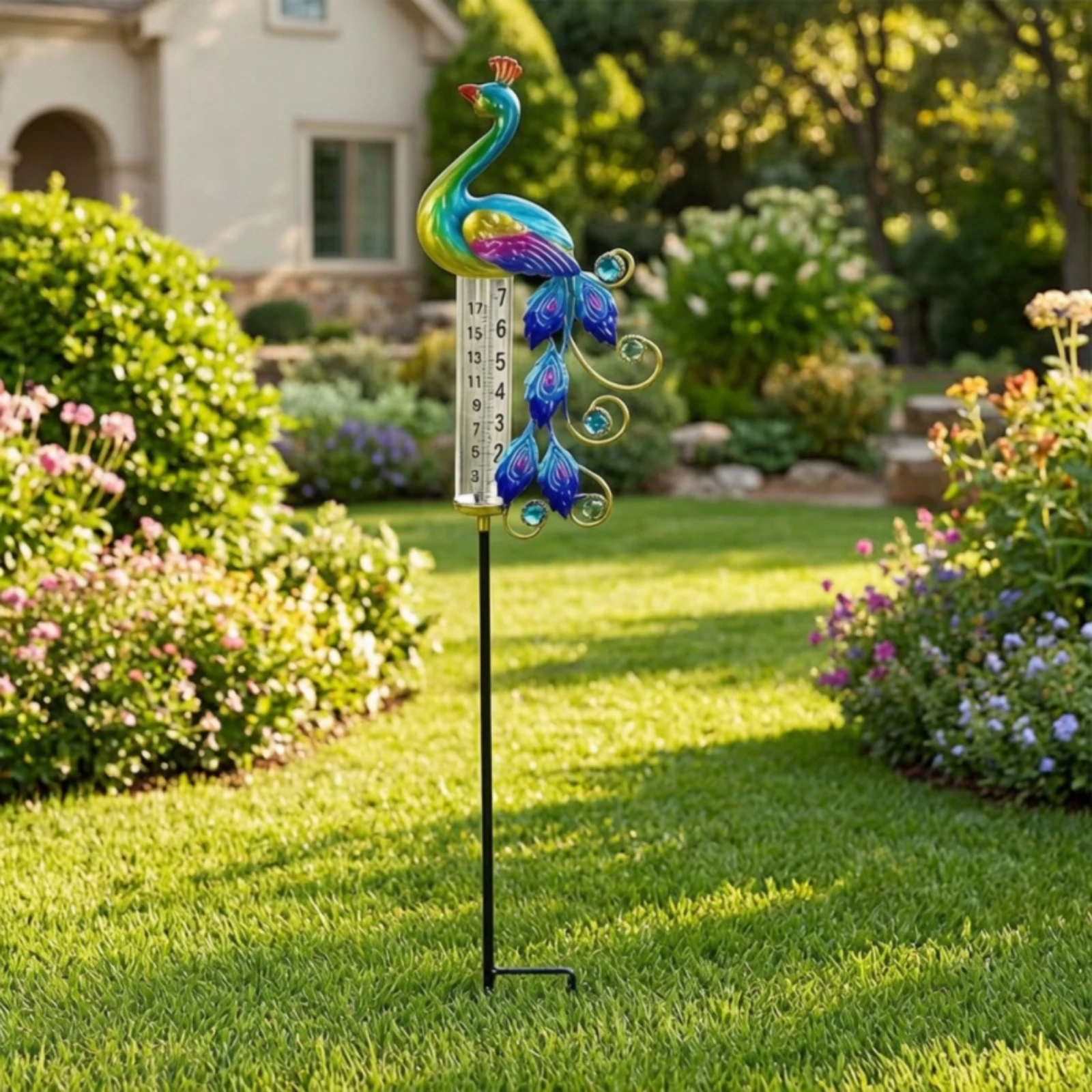 Peacock Rain Gauge Stake Decorative Rain Gauge with Solar Light Yard Ornament Outdoor Waterproof for Gardeners, Lawn, Flowerbed