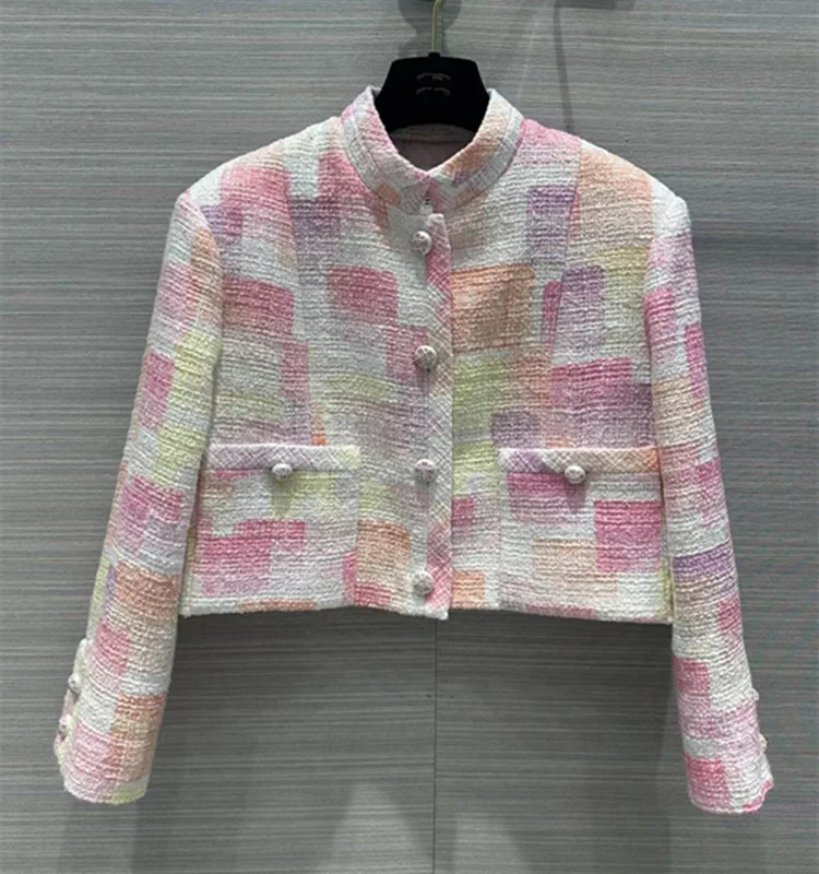 

European and American women's clothes 2023 spring new Long sleeve single breasted fashion Stand collar Gouache tweed coat