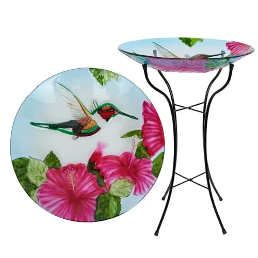 

Outdoor glass floral hummingbird birdbath with metal stand for garden decor, red, 26-inch tall, detachable 18-inch diameter bow