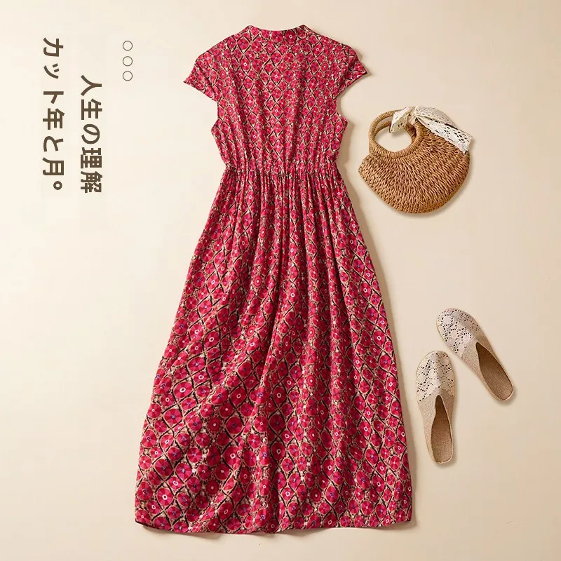 Red Cotton Linen Midi Dress Women's Summer 2026 Slimming Floral Print Thin Material High Waist A-Line Skirt Commute Style