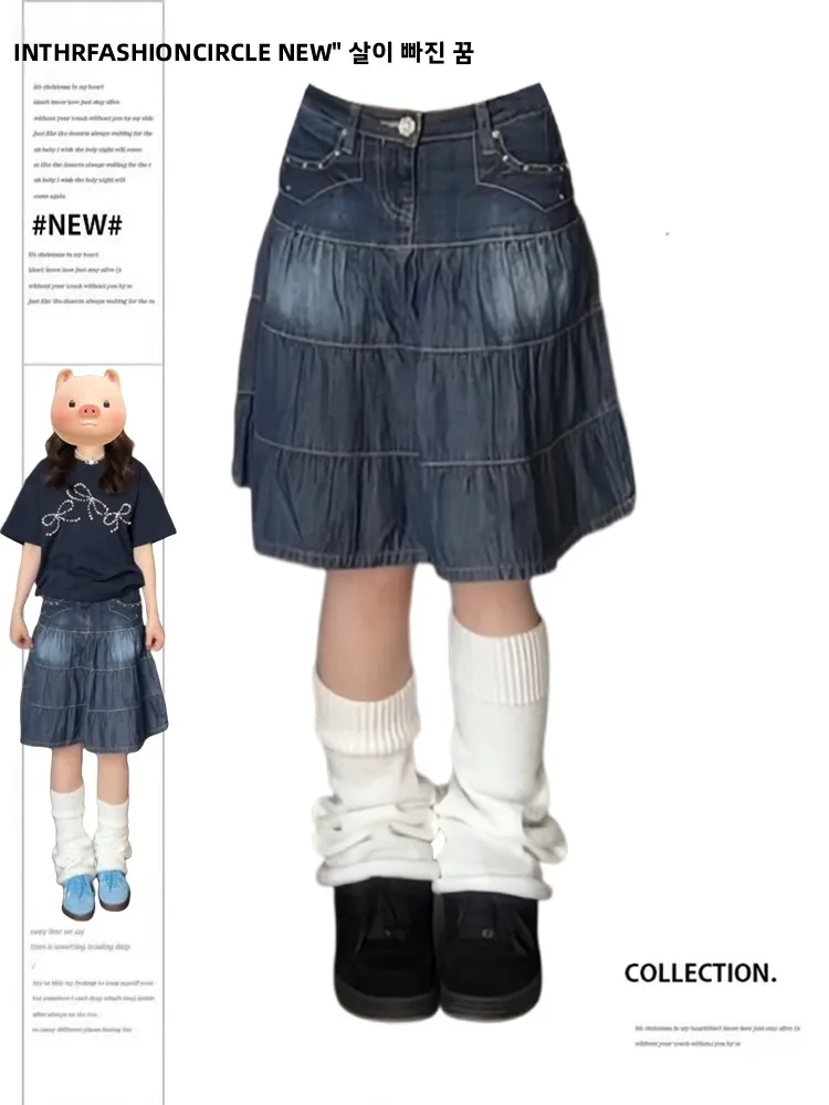 

plus Size American Retro Denim Skirt Women's Summer 2025 Streetwear Versatile Slimming Pleated Worn Mid-length Skirt