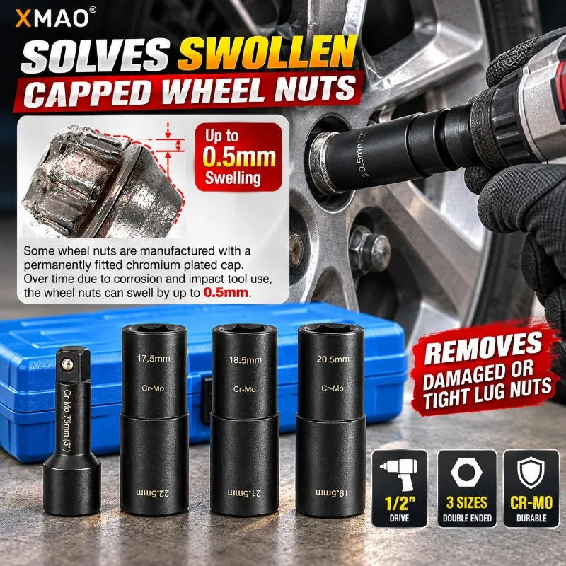 4PCS Damaged Wheel Nut Socket Set 17.5-22.5mm Double Ended Cr-Mo 1/2in Drive Lug Nut Remover Tool for Ford Land Rover Repair