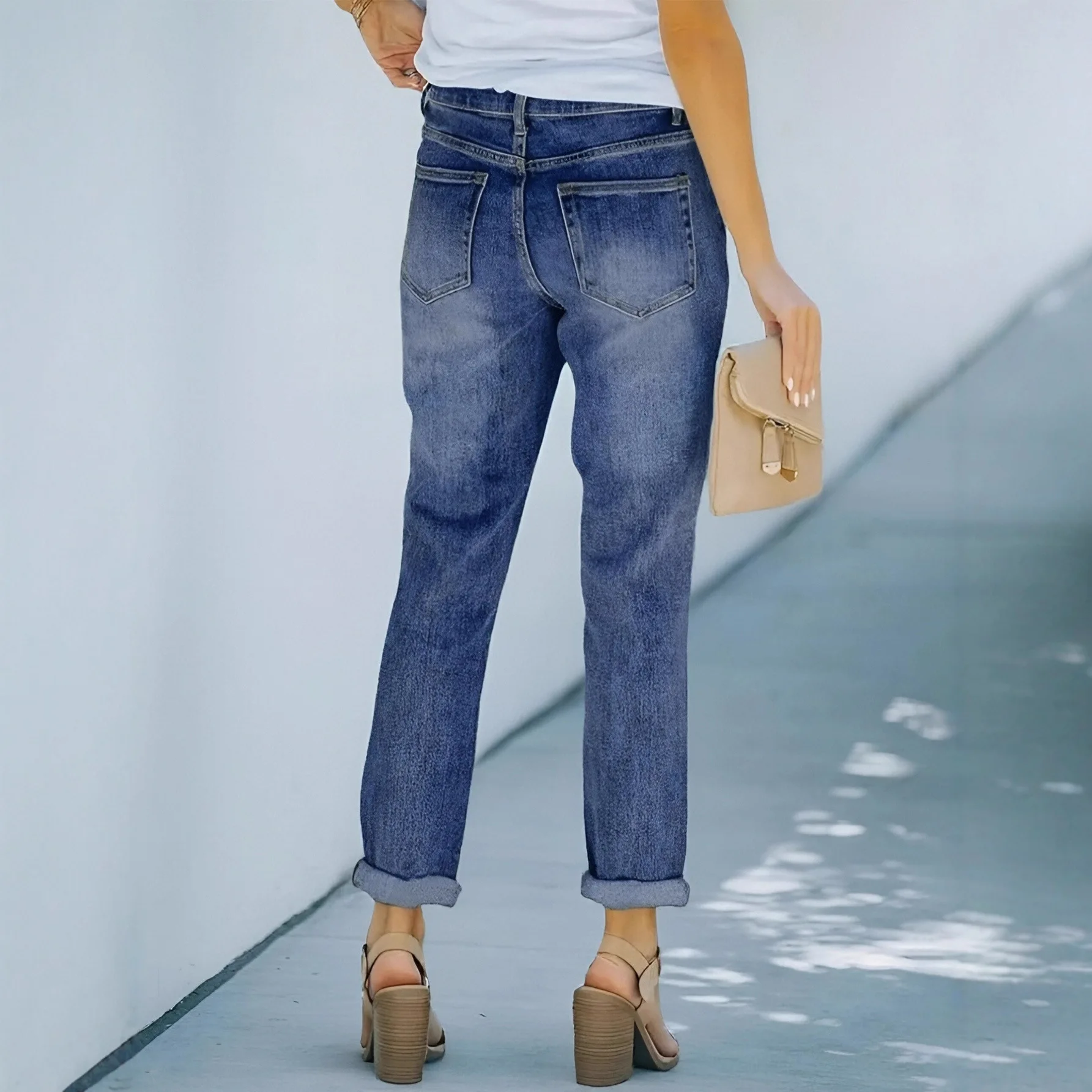 European and American Dark Blue Elastic Denim Straight-leg Pants Pipe Pants