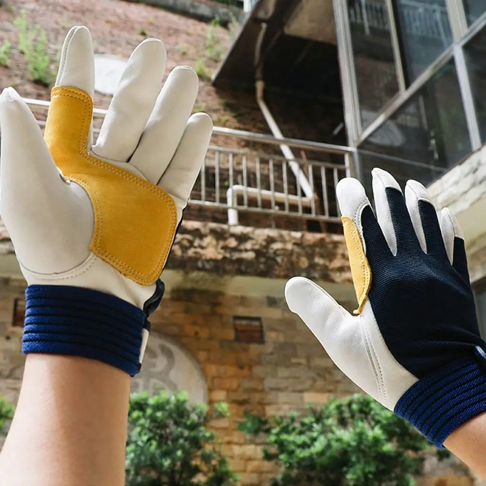 1 pair Thickened Leather Work Gloves Tough Grip Breathable Protective Gloves Wear-Resistant Safety Labor Insurance Gloves