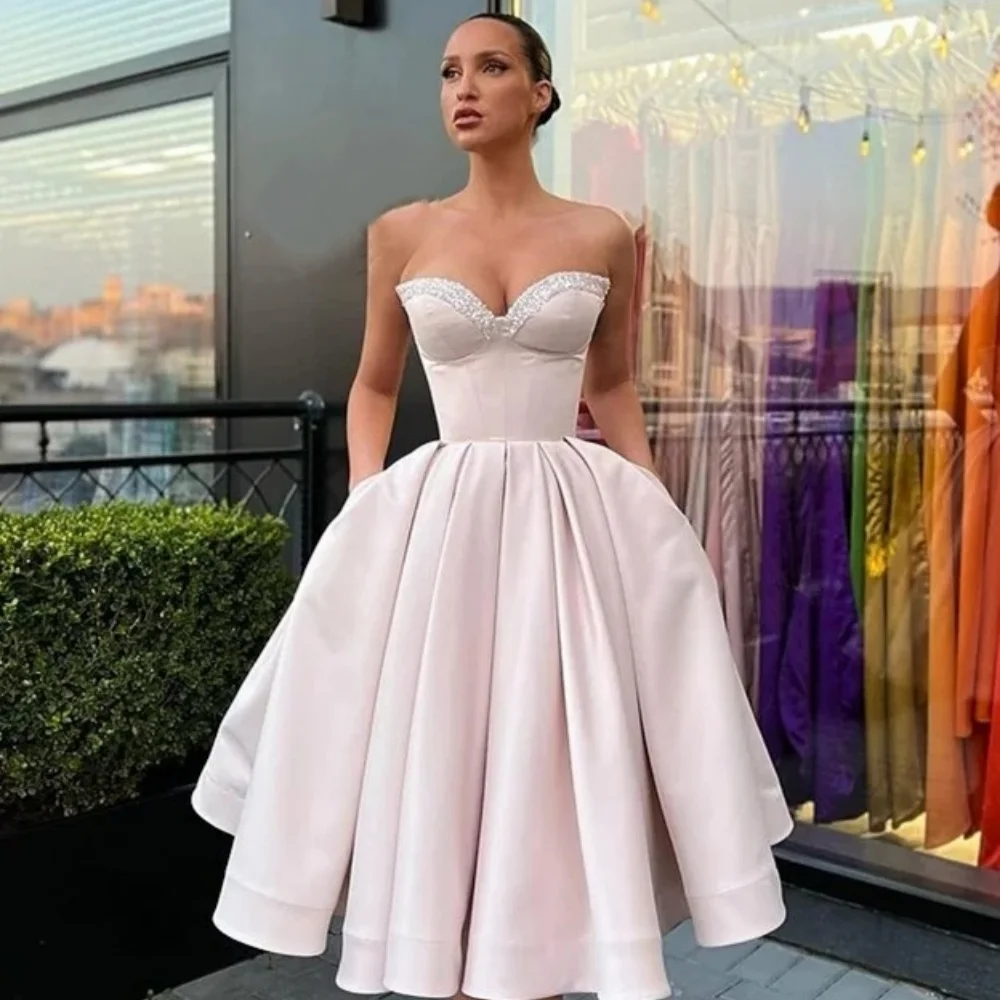 

Элегантные классические платья миди трапециевидной формы без бретелек со стразами по индивидуальному заказу, платья для особых случаев, доступны размеры, высокое качество