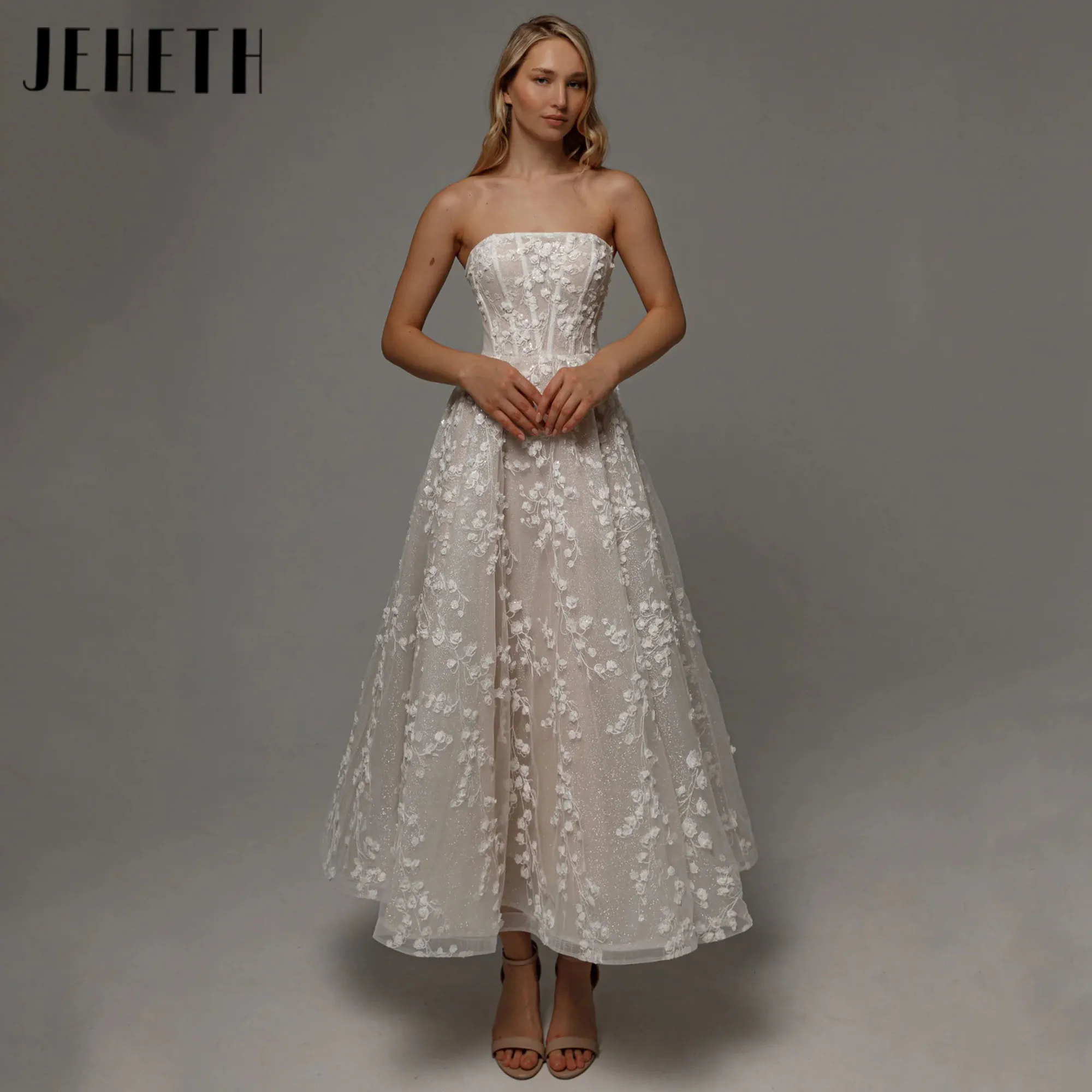 

JEHETH Shiny Customized A-Line Wedding Dresses Sleeveless Applique Corset Bride Gowns 3d Flower Short Lace Strapless Bride Dress