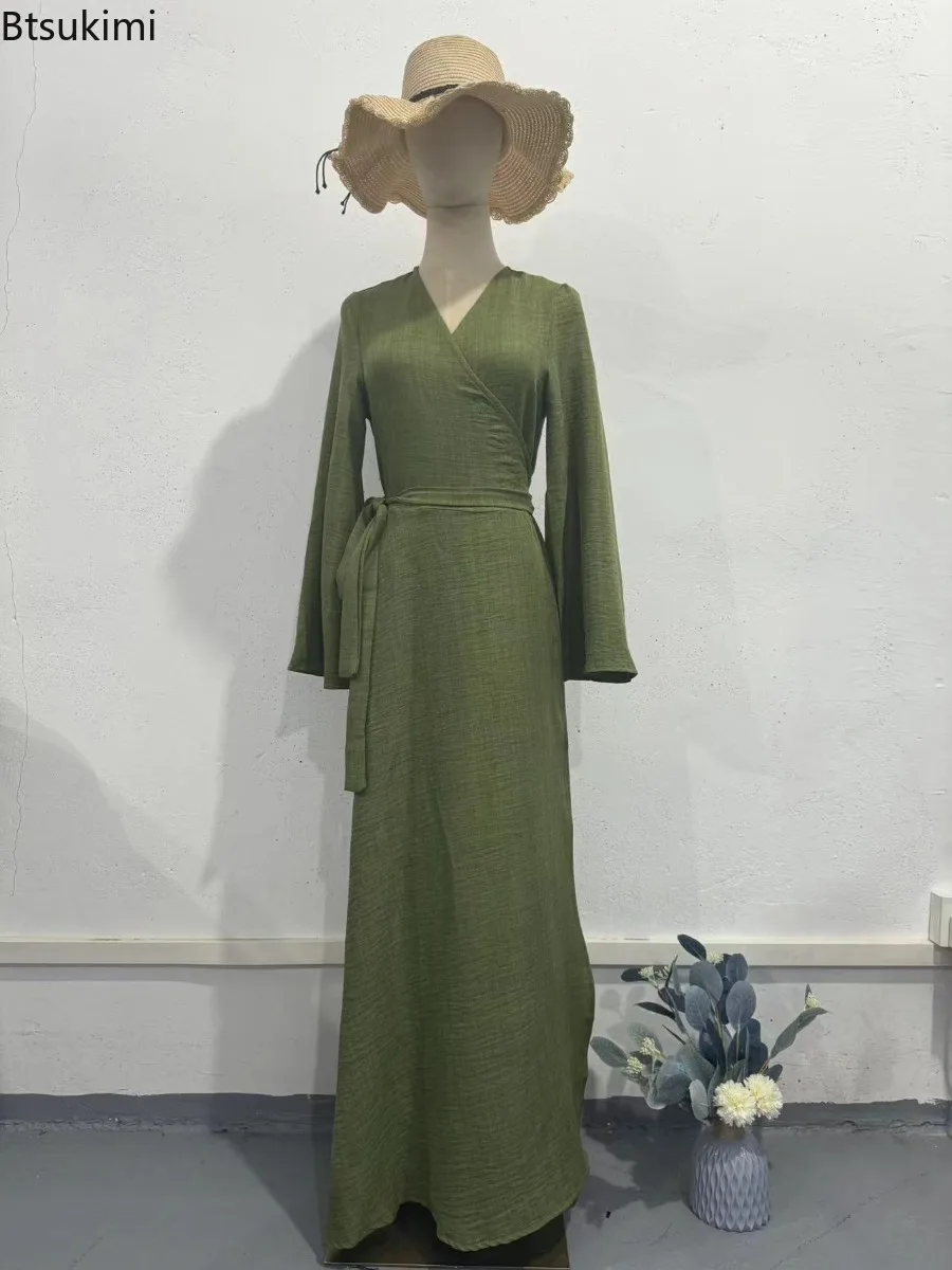 Vestidos musulmanes para mujer, vestido largo liso con cuello en V y cintura alta con cordones, Abaya informal de Ramadán Marruecos, caftán árabe de Dubái, bata modesta Islam