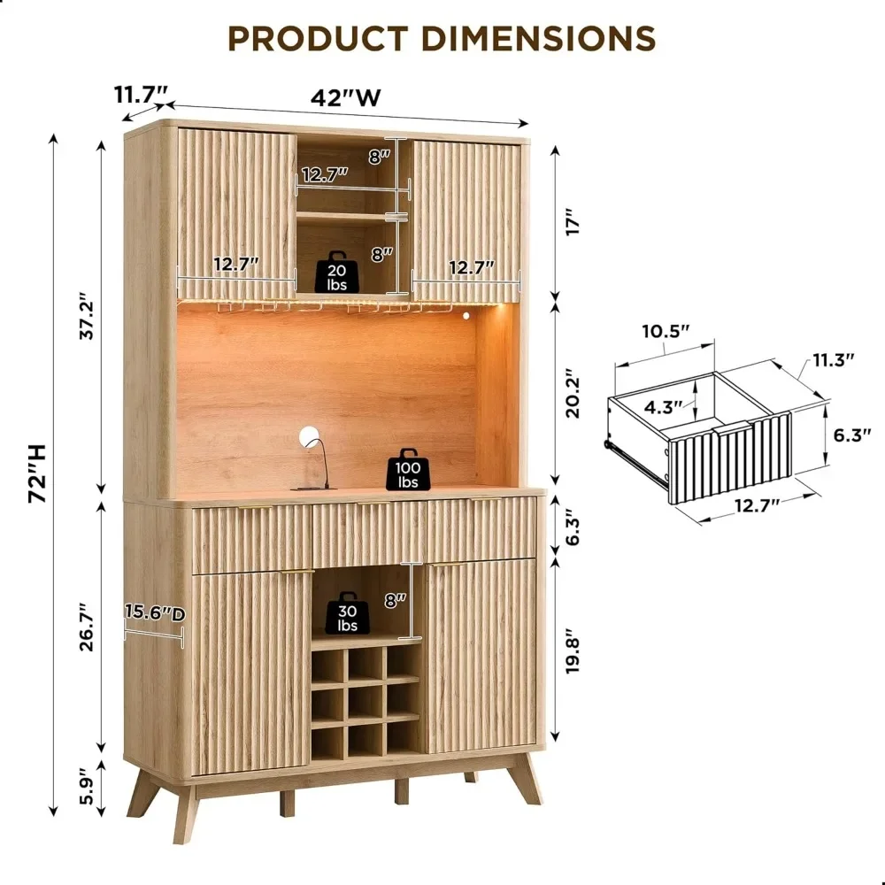 72 Inch High Bar Cabinet with Storage, Modern Wood Coffee Bar Cabinet with LED Lights and Storage Racks