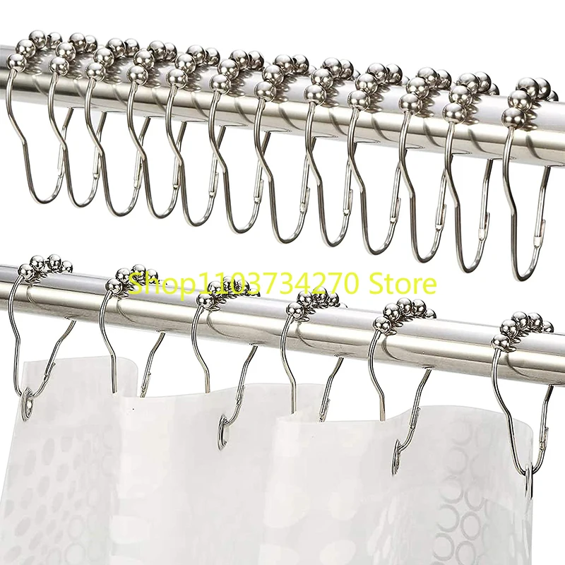 12pcs/set Stainless Steel Curtain Hooks Bath Curtain Rollerball Shower Curtain Rings Hooks 5 Rollers Polished Satin Nickel Ball