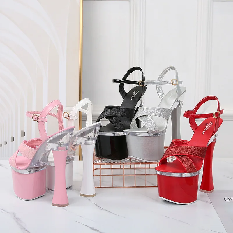 High Heel Sandals Women's Korean Style Fairy Shoes Transparent Platform Waterproof Summer Shiny Sequin Sexy Thick Heel Shoes