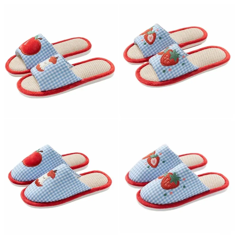 لينة الفراولة منزل الكتان النعال شبكة شريط الكتان الحلو النعال النساء لينة وحيد المضادة للانزلاق شبشب منزل الفتيات