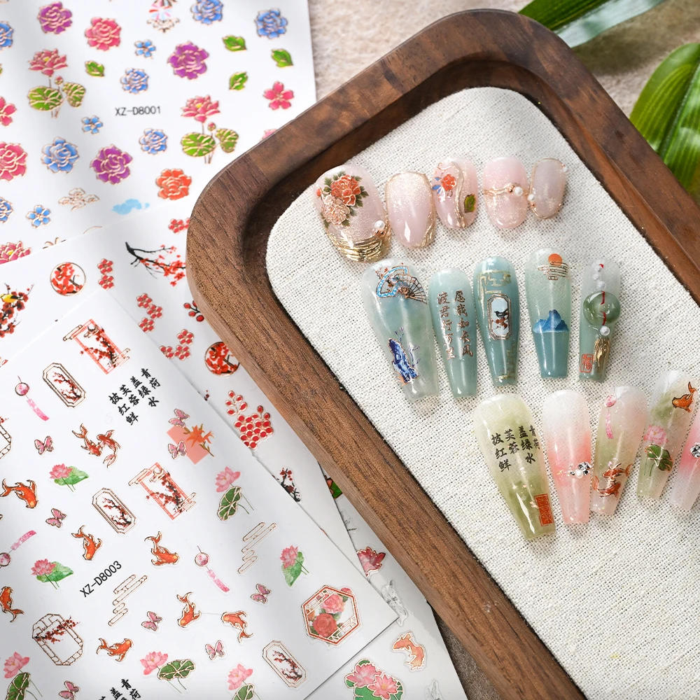 12 szt./zestaw Naklejki na paznokcie z motywami z kreskówek: żuraw, sroka, karp koi, motyl, jaskółka, naklejki na paznokcie w stylu chińskim, tradycyjne ozdoby do paznokci.
