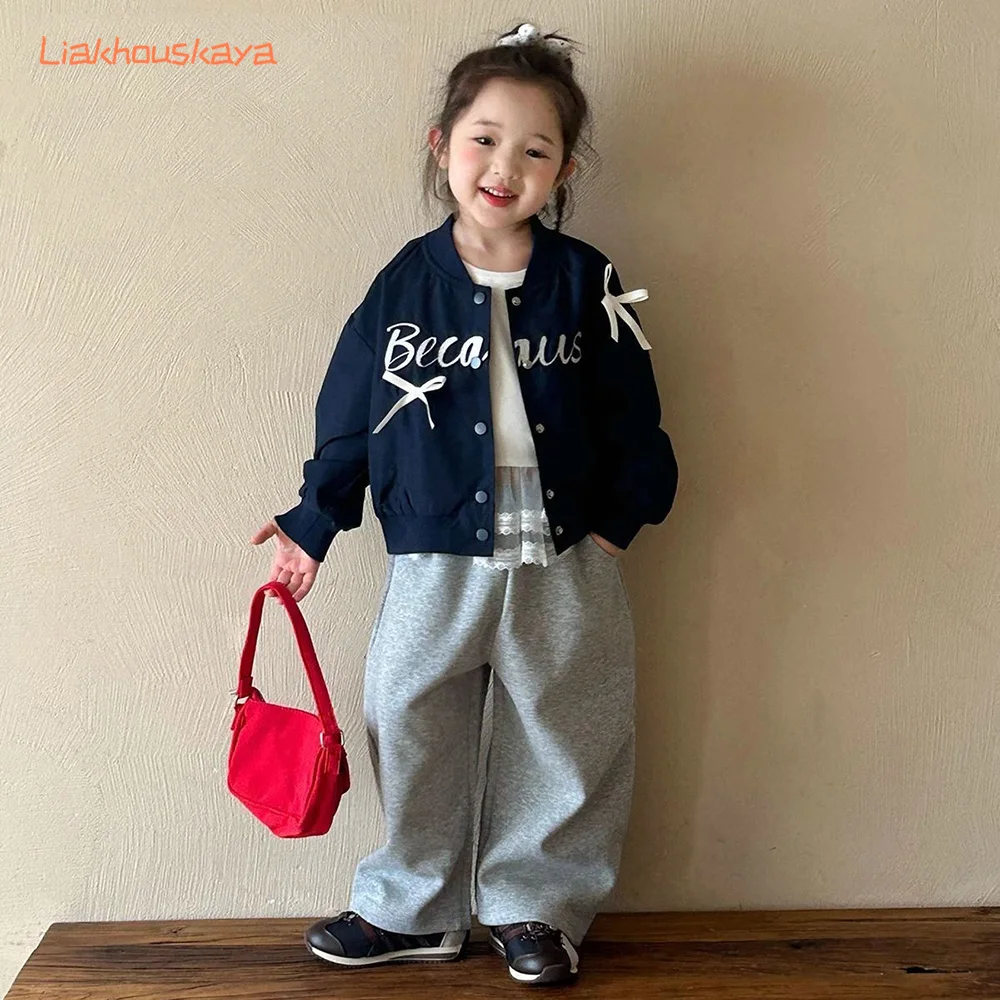2026 New Girls Bowknot Baseball Jacket Spring Autumn Kids Outerwear 2-7Y Fashion Princess Coat Toddler Casual Zipper Bomber Tops