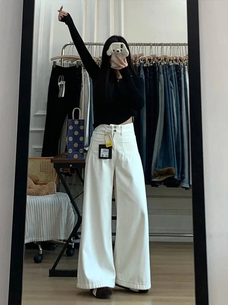 하이웨이스트 안감 있는 와이드 레그 진 여성용 루즈핏 편안한 슬림핏 레이지 센세이션 플로어 기장 팬츠 캐주얼 코튼 블렌드