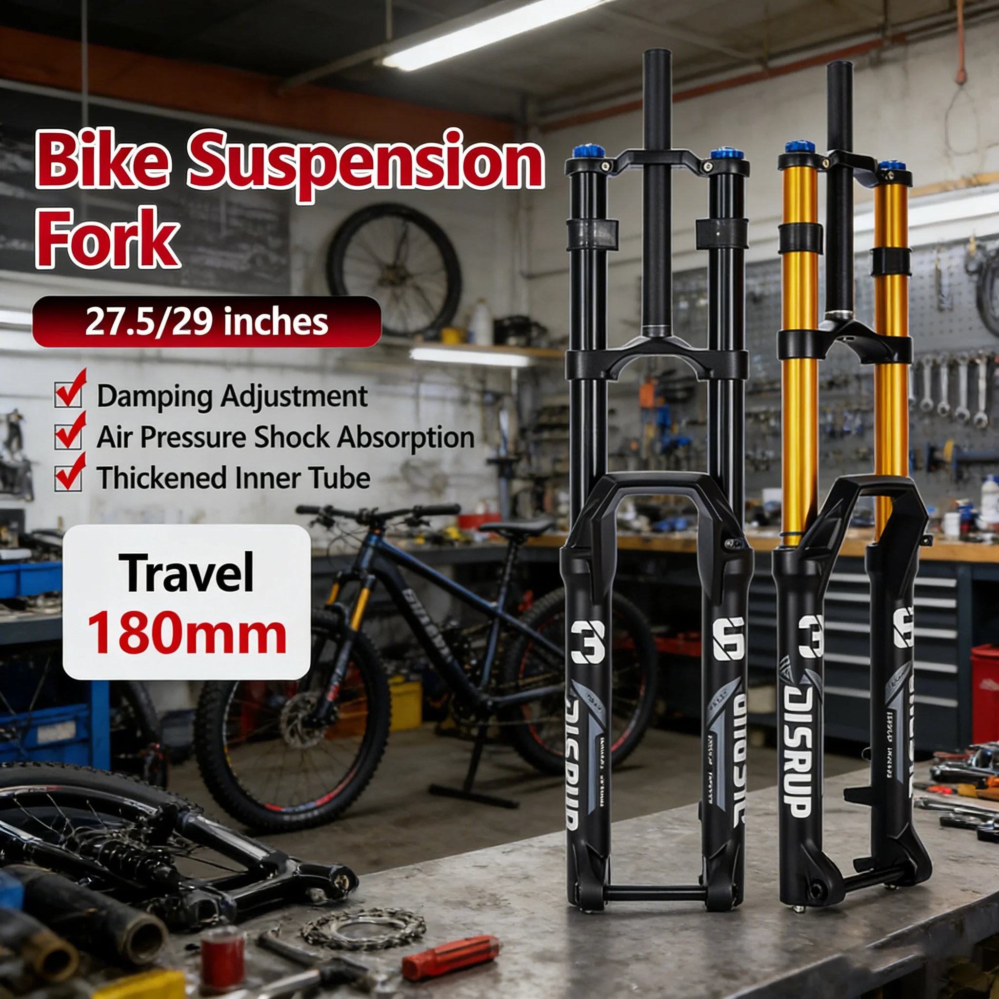 

Двухкоронная амортизационная вилка для MTB, ход 180 мм, шток 36 мм, BOOST 15x110 мм, воздушная пружина, регулировка отскока/демпфирования, 27.5/29 дюймов