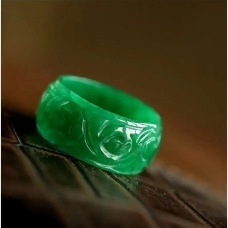 

Natural Green Jade Money Carving Ring 18-19mm Fingerstall Jadeite Fashion Charm Jewelry Hand Carved Crafts Luck Gifts Women Men