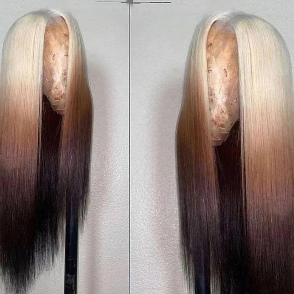 Wig sintetis pirang ke hitam lurus menutupi renda Wig depan untuk wanita dengan rambut bayi Wig rambut serat tahan panas pakaian sehari-hari