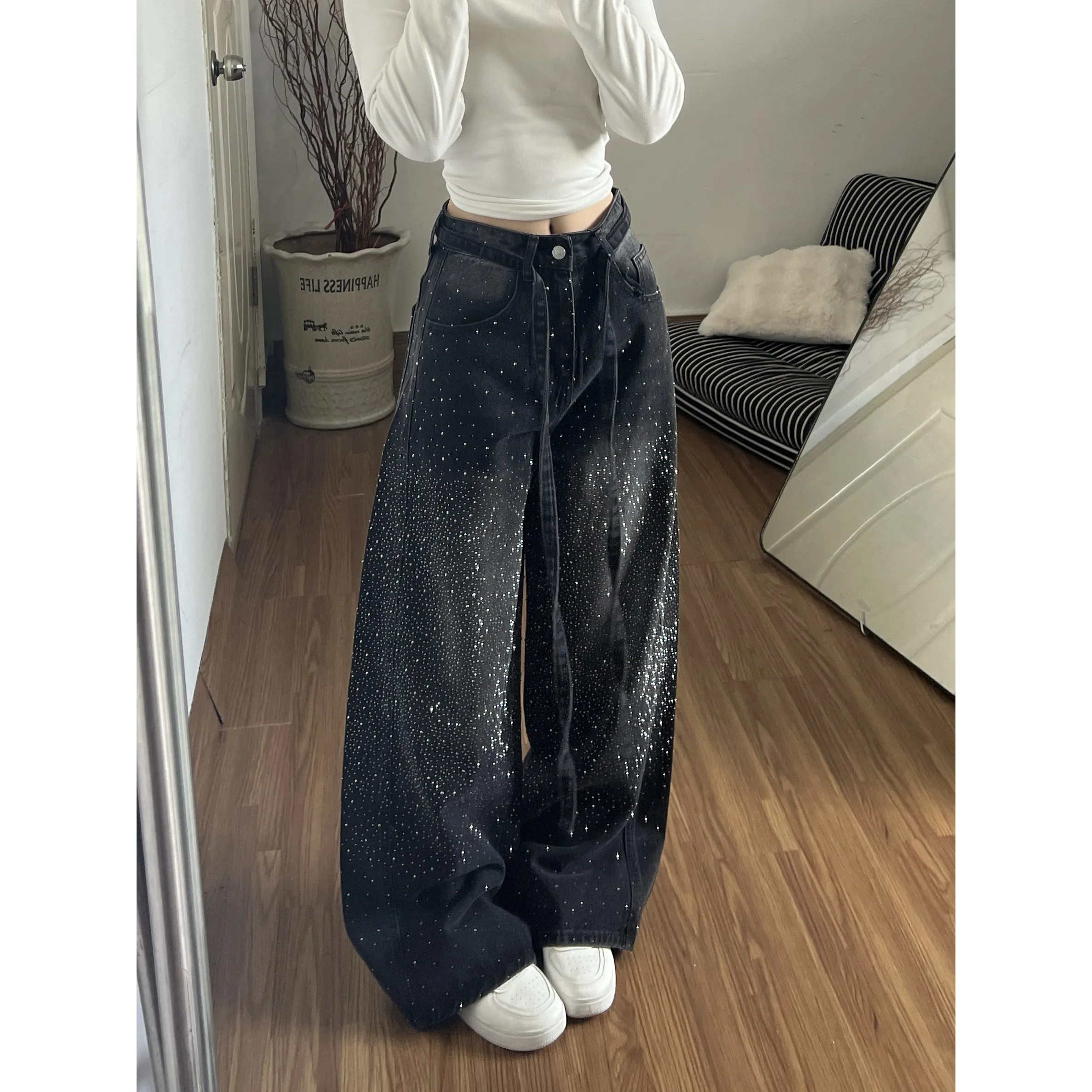 Oversized Rhinestone Jeans for Women Spring/Summer New High Waist Loose Shiny Wide Leg Pants Fashion Niche Design Denim Pants