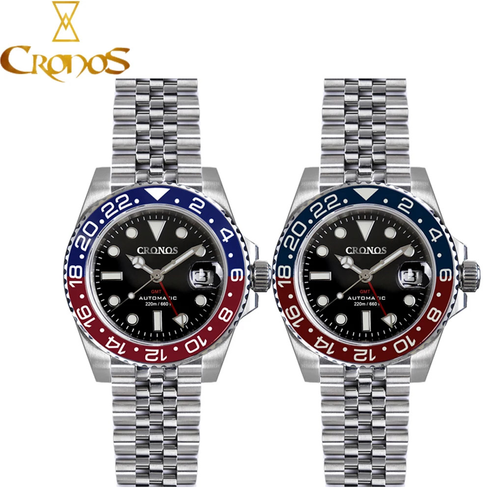 Cronos 41mm GMT Men Watch NH34 Automatic Mechanical Watches Solid 5 links Metal Bracelet Bidirectional Bezel Sapphire Wristwatch