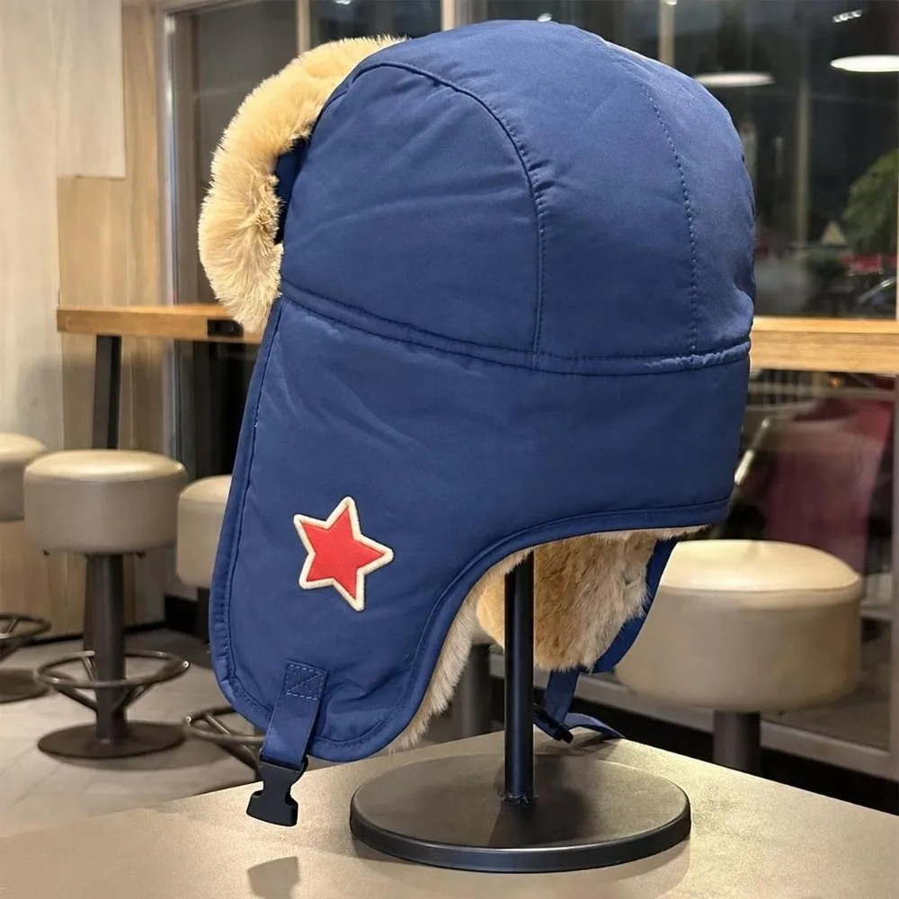 Faux Fur Lined Lei Feng Earflap Hat Windproof Thickened Pullover Cap Cold-Resistant Red Star Ushanka Hat Unisex Pilot's Hat