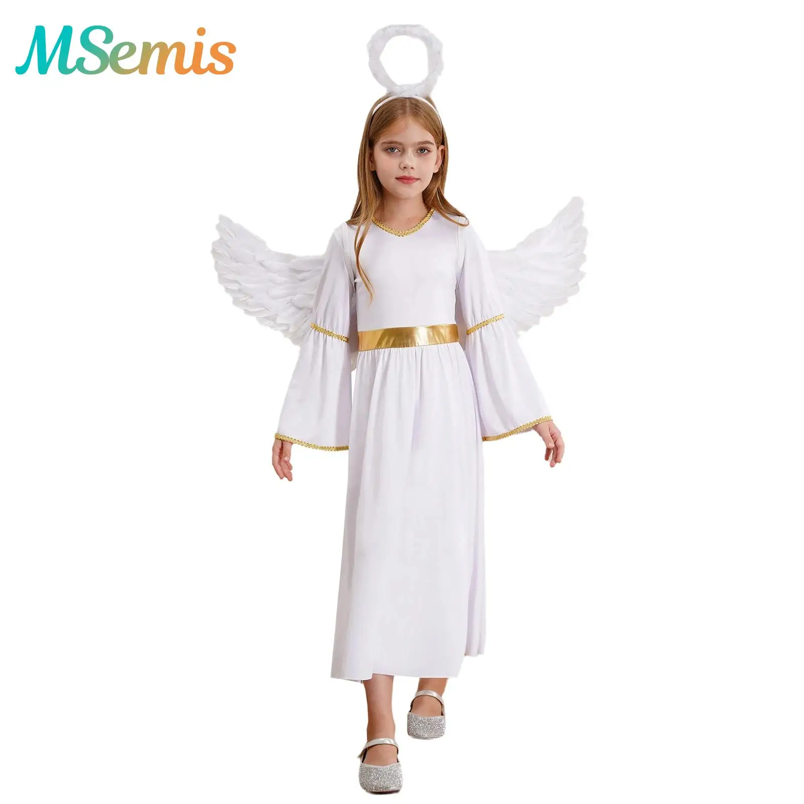 

3Pcs Girls White Angel Performance Costume Angel Dress Long Sleeve Gold Trim Gown Dress with Feather Hairband And Angel Wings