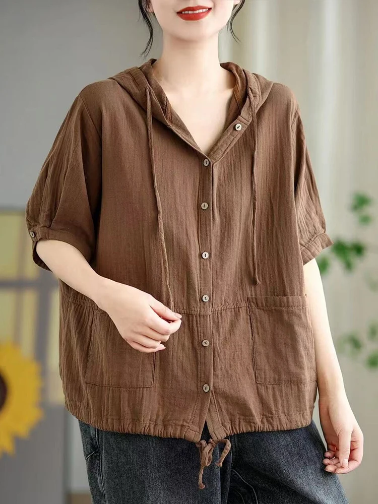 Max LuLu 2024 Summer Korean Ladies Casual Blouses Loose Linen Tops Womens Classic Hooded Shirts Vintage Solid Fashion Clothing