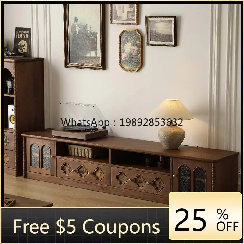 

LYY North American Black Walnut TV Cabinet French Style Living Room Storage Integrated Solid Wood TV Stand