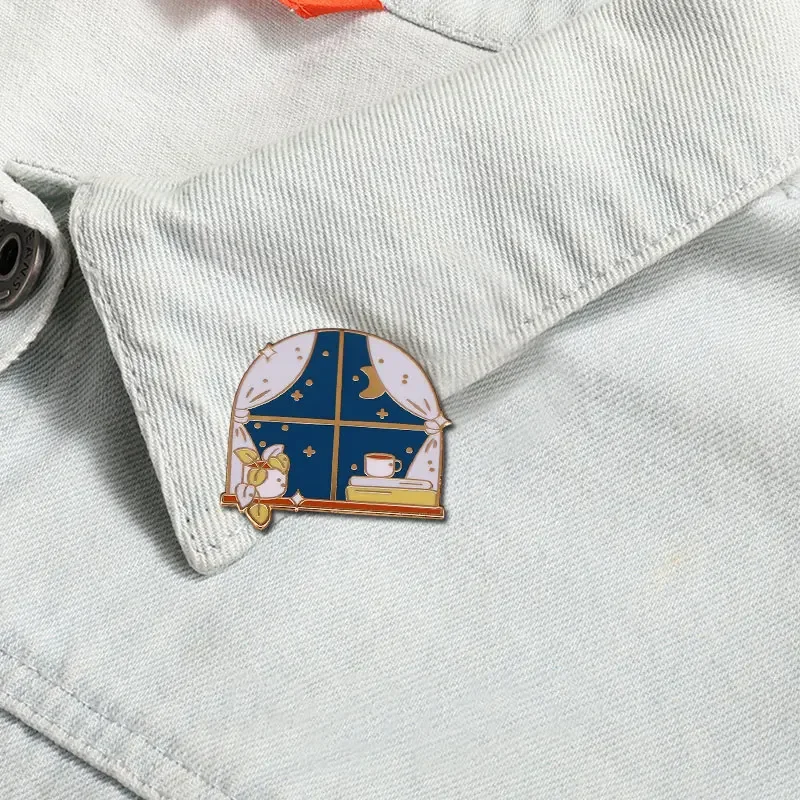 بروش نافذة ليلي مرصع بالنجم ، ليالي مريحة ، دبوس مينا ، كتاب نبات ، شارة قهوة ، مجوهرات رائعة #4