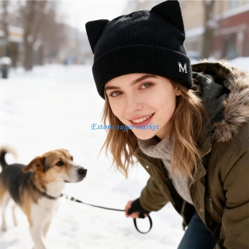 090B Вязаная шапка с кошачьими ушками, теплая зимняя шапка из смеси шерсти, уютный женский головной убор, дизайн