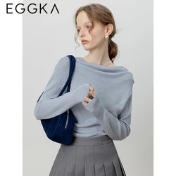 Eggka Slash-Neck Slim Knitwear Women's Fall Elegant Long-Sleeve Tops Off-Shoulder Knitted T-Shirts Female Commute Solid Tops