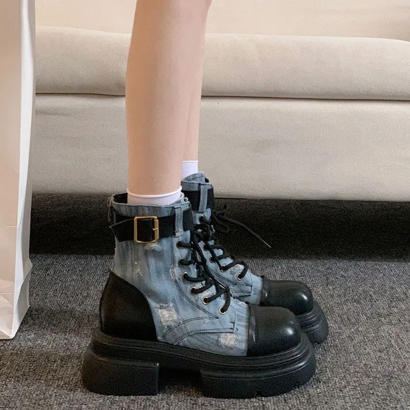 British style work boots for women in the autumn of 2023, new thick soled thick heel super hot denim retro high rise short boots