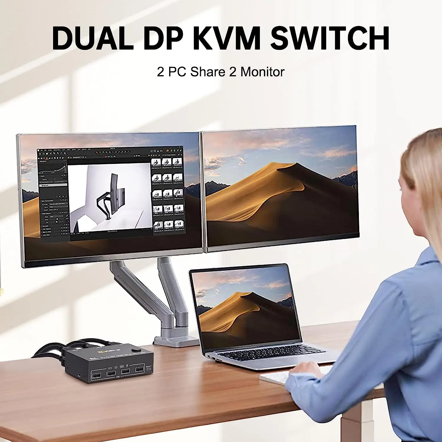 DP Dual Monitor KVM Switch DisplayPort 1.4 8K@30Hz 4K@144Hz DP Extended Display KVM Switch for 2 Computers Share 2 Monitors