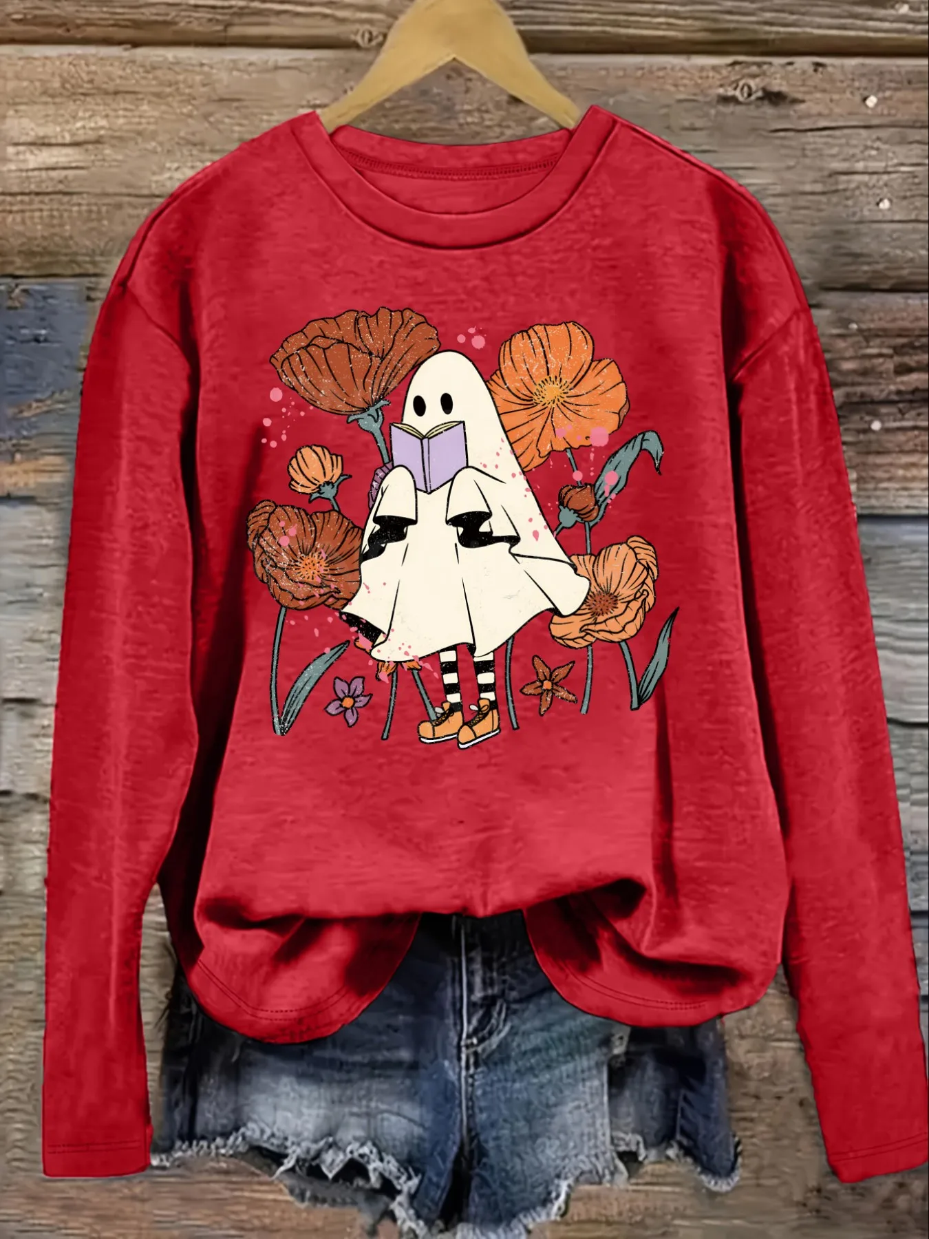 Women's Casual Long Sleeve Crew Neck T-Shirt Ghost Reading Book Among Flowers Design, Round Neck Women's Clothing, Machine Washable, Slightly Elastic, Loose Fit, Spring Autumn Winter Women's T-Shirt, Halloween Costume Outfit view 4